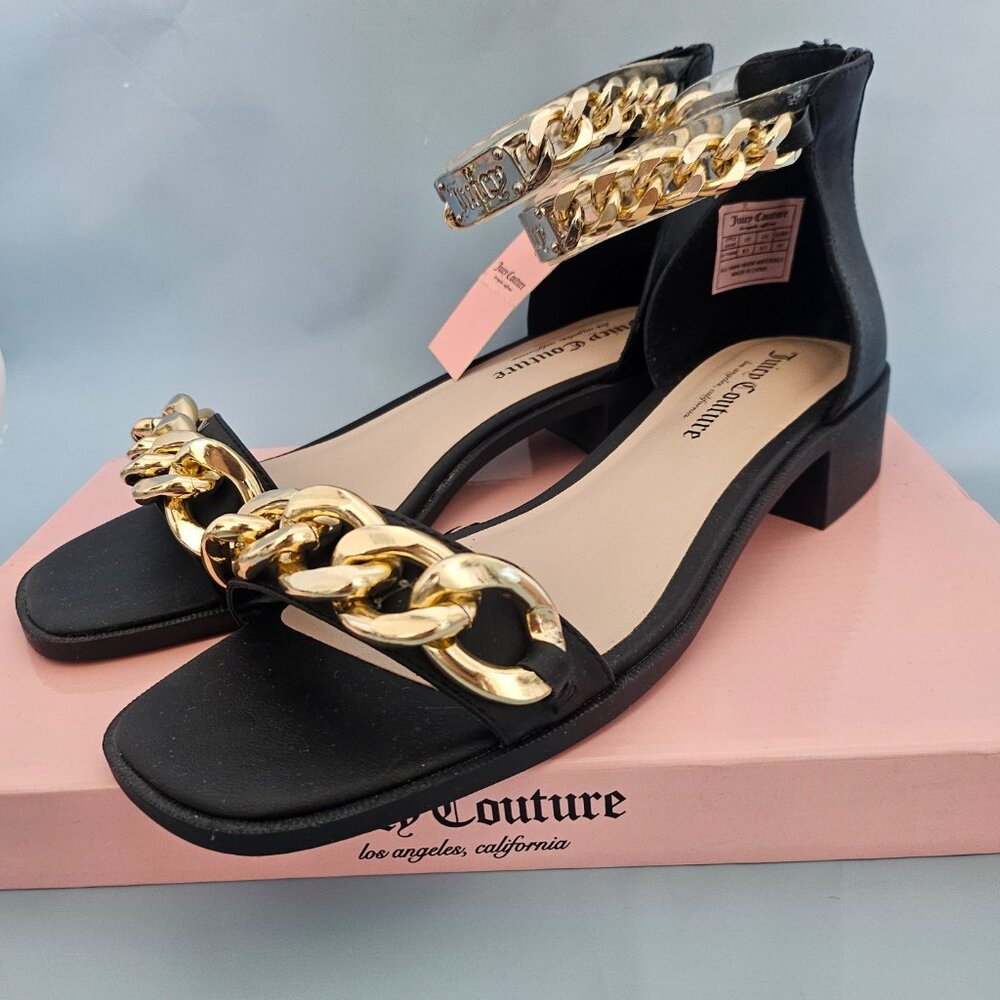 Juicy Couture Themis Chain Sandals Black Gold Block Heel Size 8.5 NWT - Picture 2 of 10
